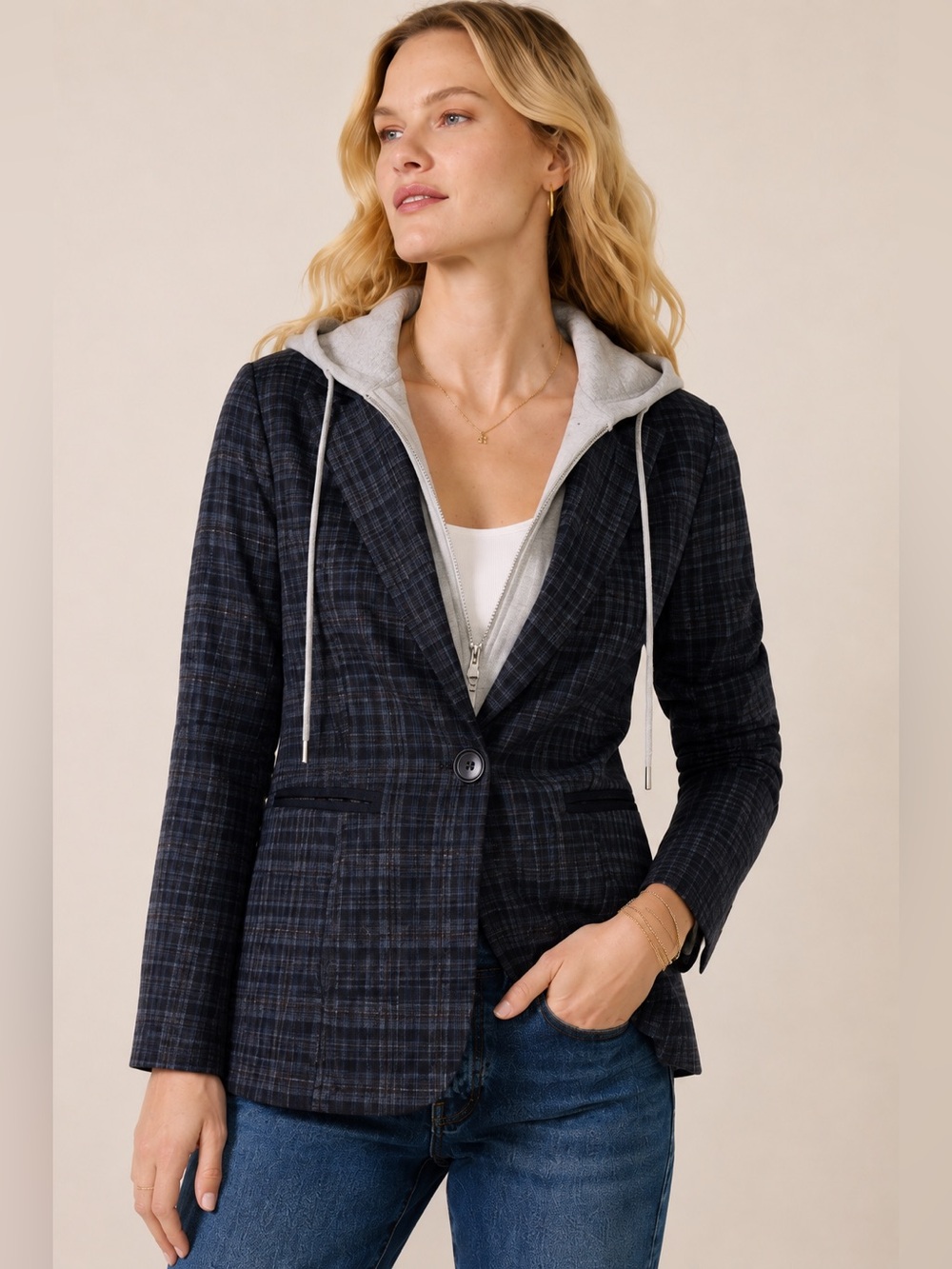 LIVERPOOL Plaid Boyfriend Blazer with Removable Sweatshirt Hoodie Size Large